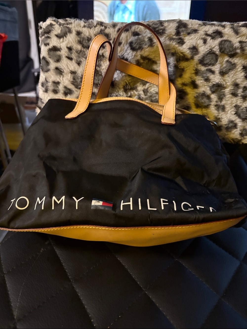 Tommy Hilfiger Black Nylon Messenger Tote with Tan Leather Accents